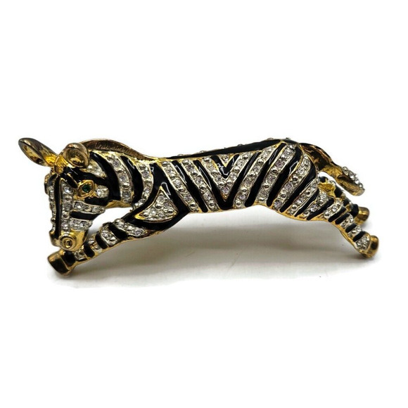 Joanna Buchanan Zebra Animal Gold Tone Brooch Pin Enameled Stripes Rhinestones - Picture 1 of 8